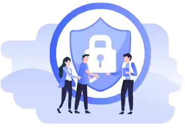 Illustration of a family entering a house with a shield icon representing enrollment process