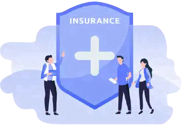 Illustration of people with a shield labeled insurance representing receiving healthcare benefits
